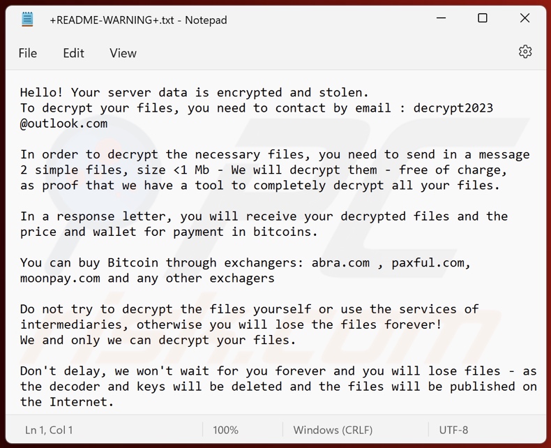 Notatka z żądaniem okupu ransomware Stolen (Makop) (+README-WARNING+.txt)