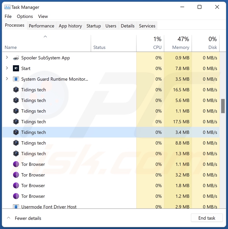 Proces adware Tidings w Menedżerze zadań (Tidings tech - nazwa procesu)