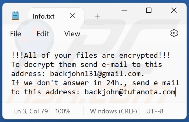 Plik tekstowy ransomware BACKJOHN (info.txt)
