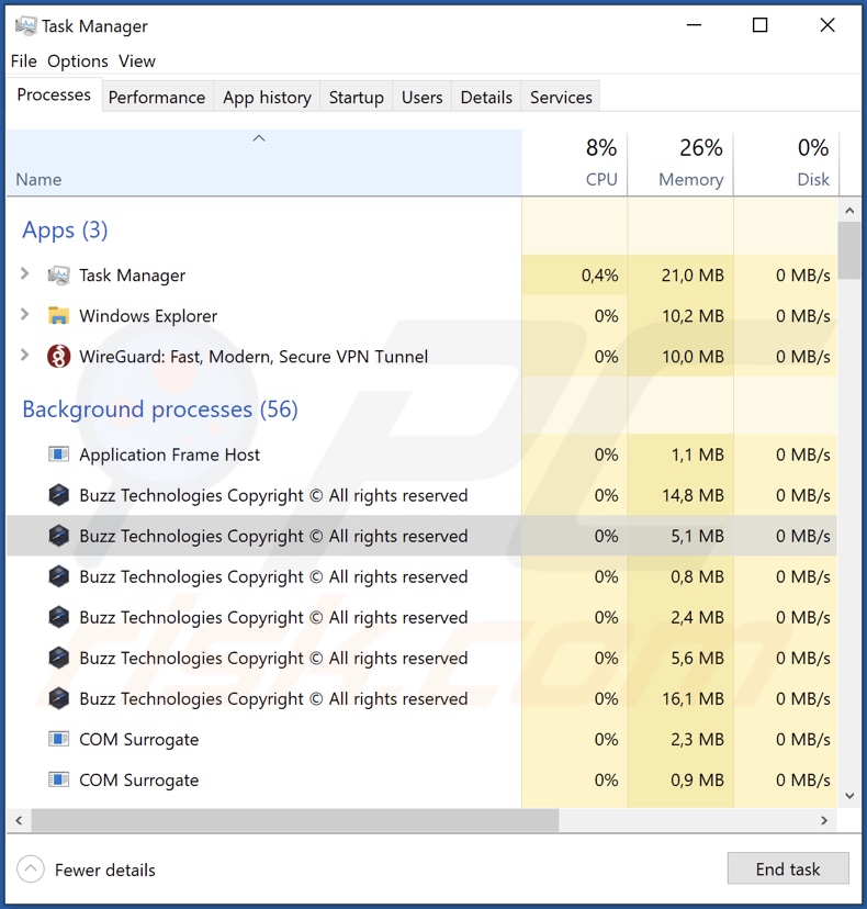 Proces adware Buzz w Menedżerze zadań (Buzz Technologies Copyright (c) All rights reserved - nazwa procesu)