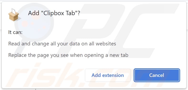 Porywacz przeglądarki Clipbox Tab proszący o pozwolenia