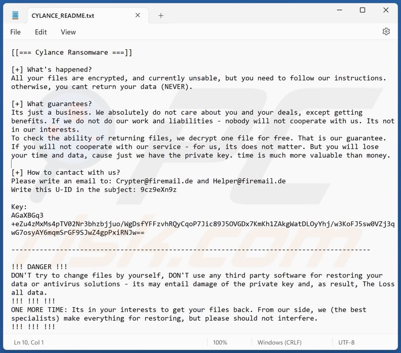 Plik tekstowy ransomware Cylance (CYLANCE_README.txt)