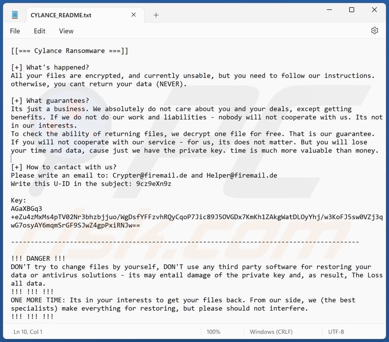 Plik tekstowy ransomware Cylance (CYLANCE_README.txt)