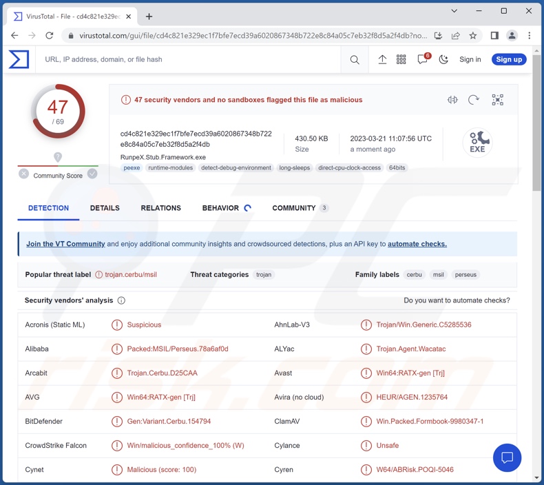 Wykrycia malware DotRunpeX na VirusTotal