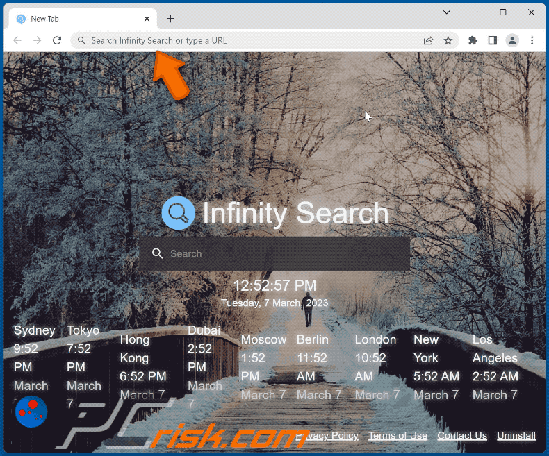 Porywacz przeglądarki Infinity Search przekierowujący do Bing (GIF)