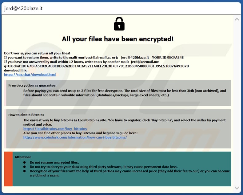 Okno pop-up ransomware Jerd