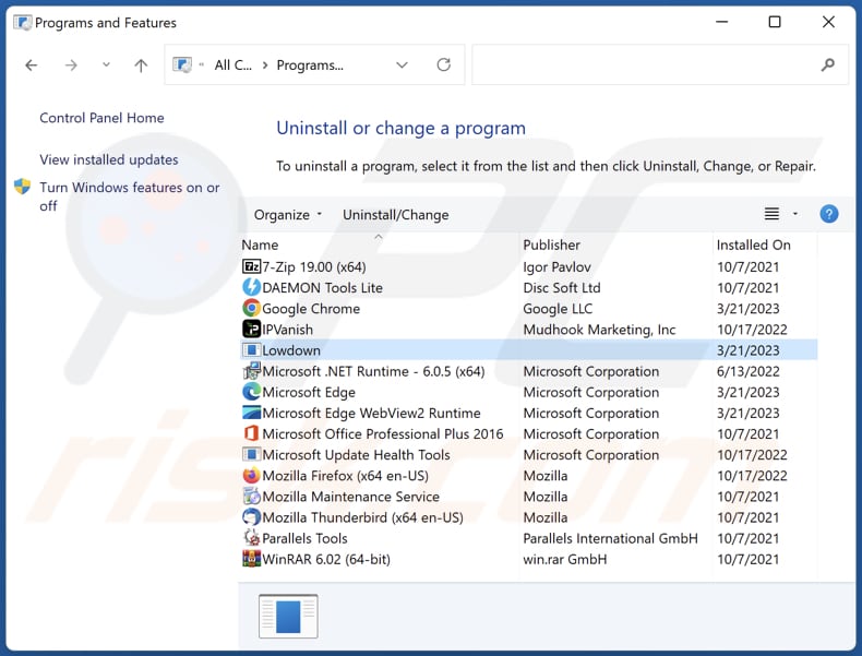 Odinstalowanie adware Lowdown poprzez Panel sterowania