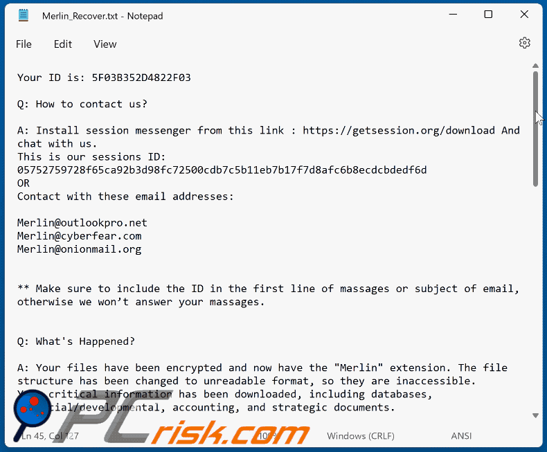 Notatka z żądaniem okupu ransomware Merlin (Merlin_Recover.txt) GIF