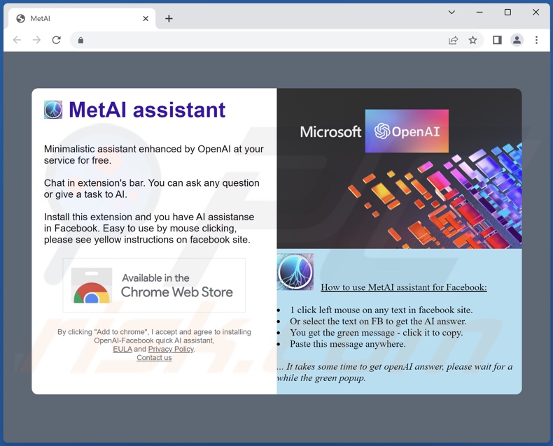 Witryna promująca adware MetAI assistant
