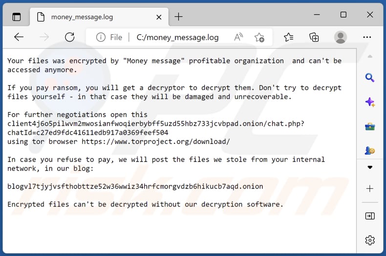 Plik tekstowy ransomware Money Message (money_message.log)