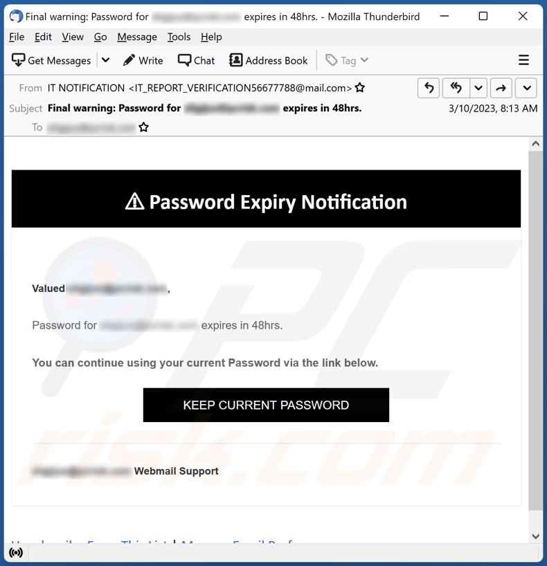 E-mailowa kampania spamowa Password Expiry Notification