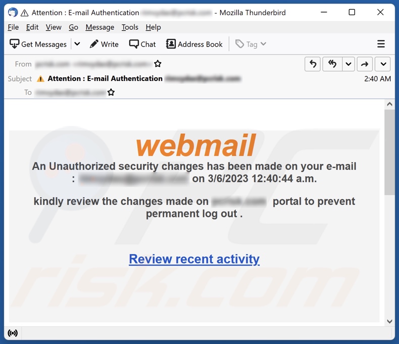 E-mailowa kampania spamowa Webmail Security Changes