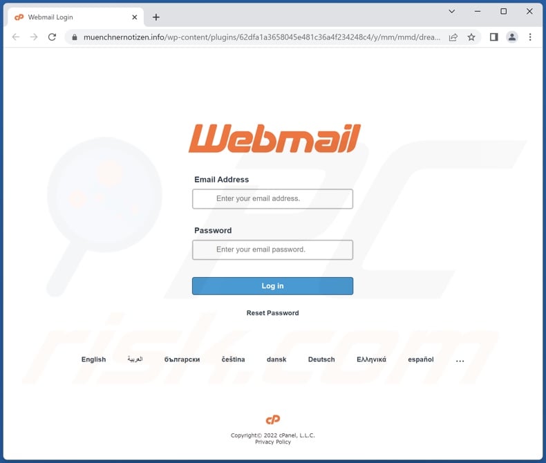 Strona phishingowa promowana przez oszustwo e-mailowe Webmail Security Changes