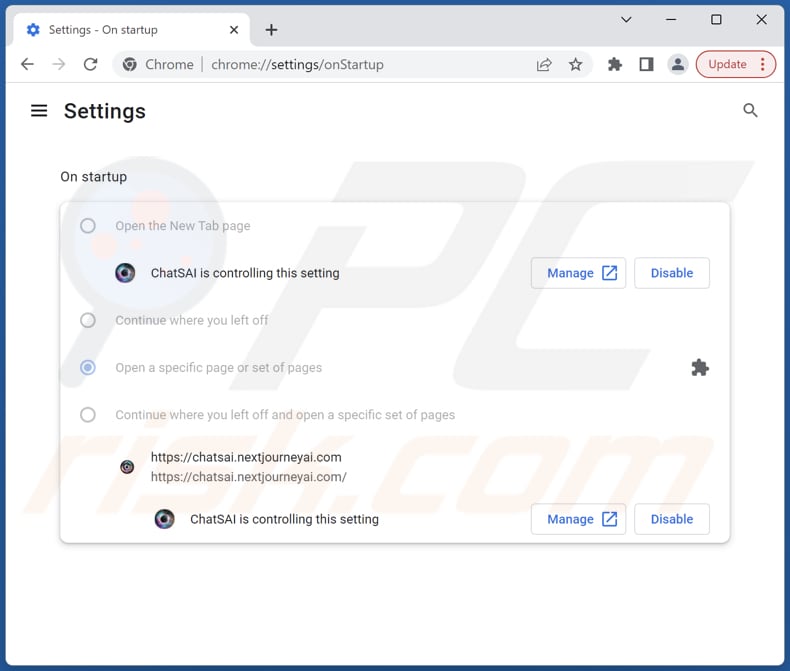 Removing chatsai.nextjourneyai.com from Google Chrome homepage