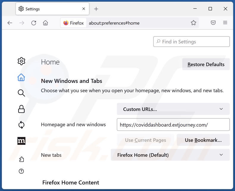 Usuwanie coviddashboard.extjourney.com ze strony domowej Mozilla Firefox