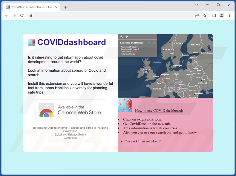 Witryna używana do promowania porywaczy przeglądarki CovidDash