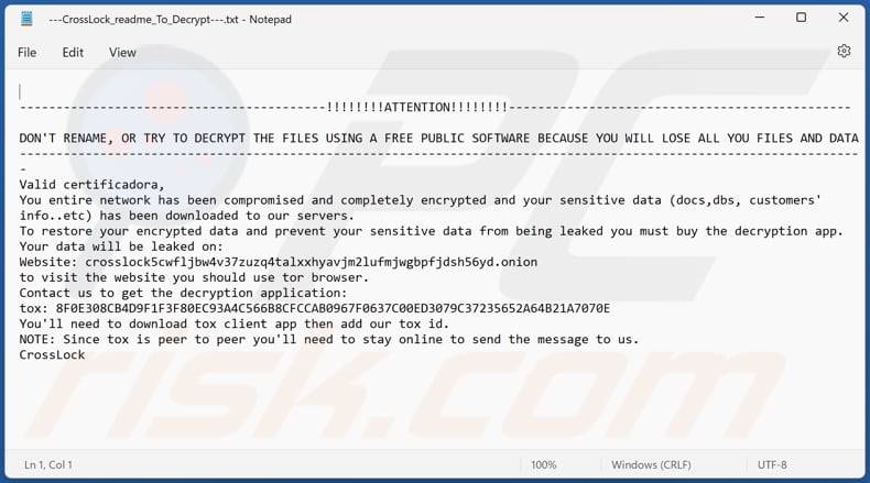 Plik tekstowy ransomware CrossLock (---CrossLock_readme_To_Decrypt---.txt)