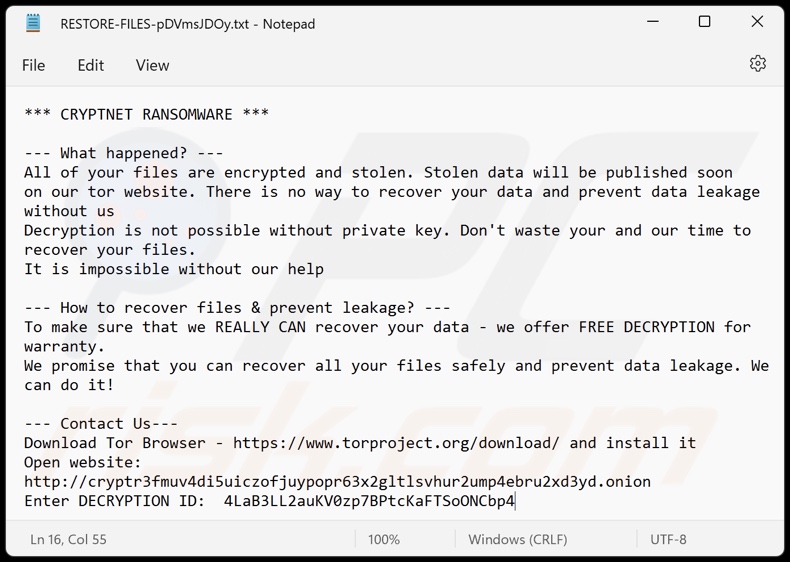Notatka z żądaniem okupu ransomware CRYPTNET (RESTORE-FILES-[losowy_ciąg_znaków].txt)