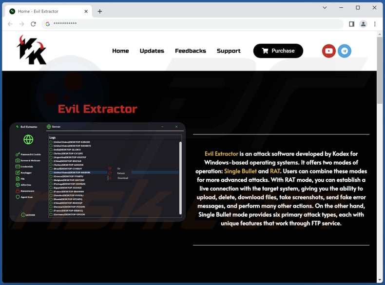 Oficjalna witryna malware Evil Extractor