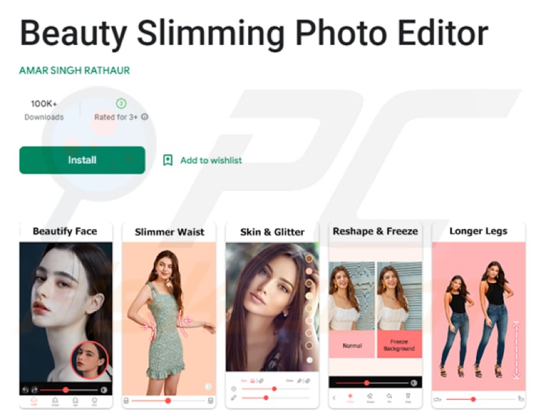 Złośliwa aplikacja trojańska Fleckpe - przykład 1 (Beauty Slimming Photo Editor)
