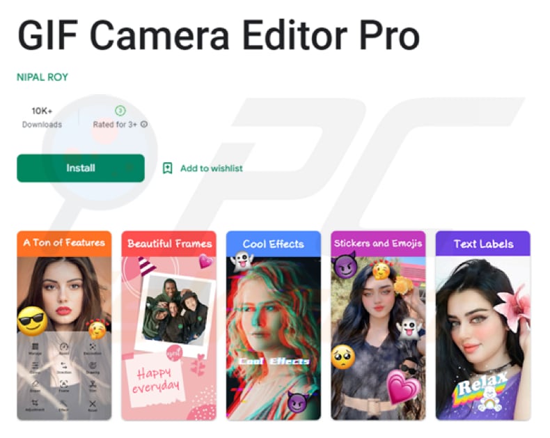 Złośliwa aplikacja trojańska Fleckpe - przykład 2 (GIF Camera Editor Pro)