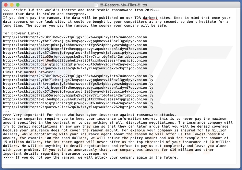 Notatka z żądaniem okupu ransomware LockBit (!!!-Restore-My-Files-!!!.txt)