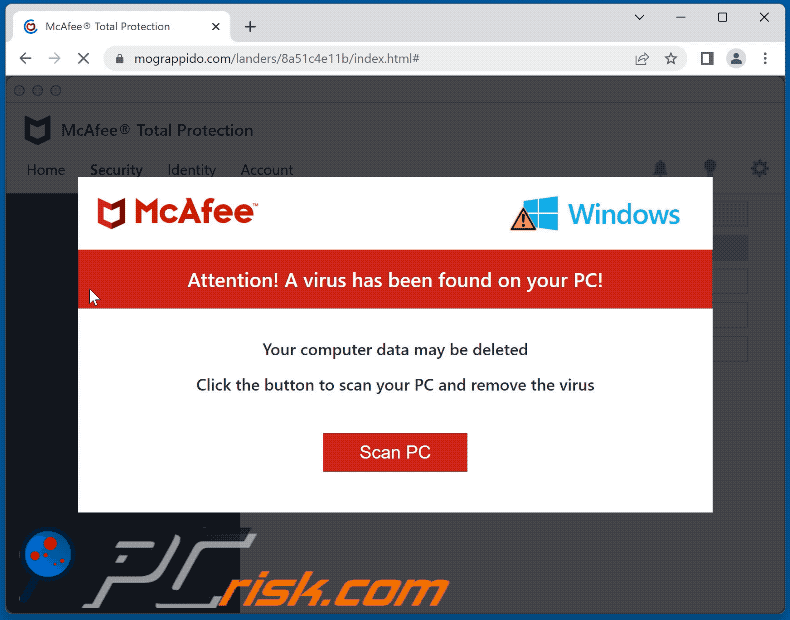 Wygląd oszustwa McAfee - A Virus Has Been Found On Your PC! (GIF)