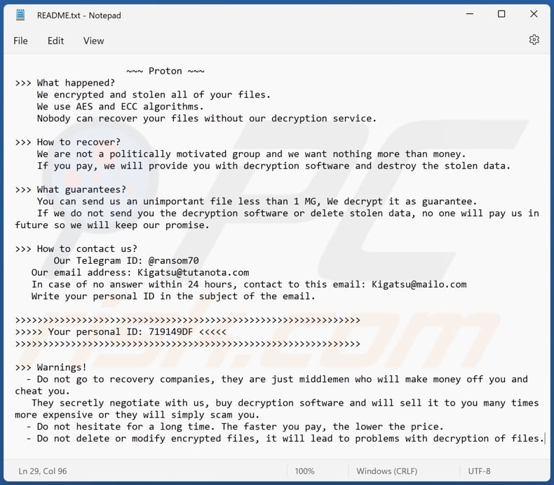 Plik tekstowy ransomware Proton (README.txt)