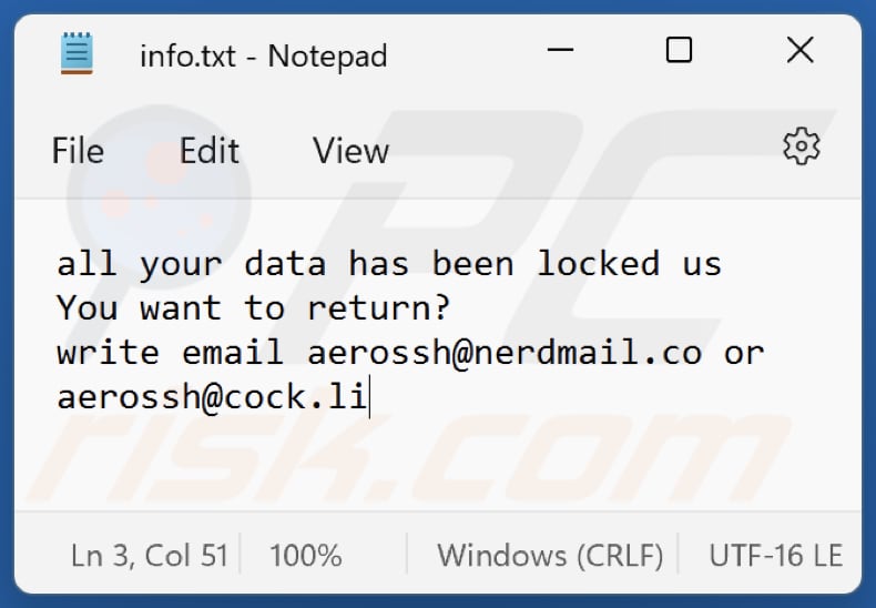 Plik tekstowy ransomware Rea (info.txt)