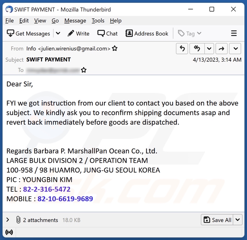E-mailowa kampania spamowa Reconfirm Shipping Documents
