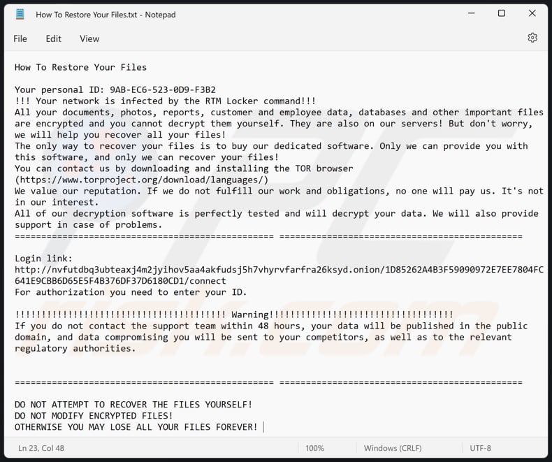 Plik tekstowy ransomware RTM Locker (How To Restore Your Files.txt)