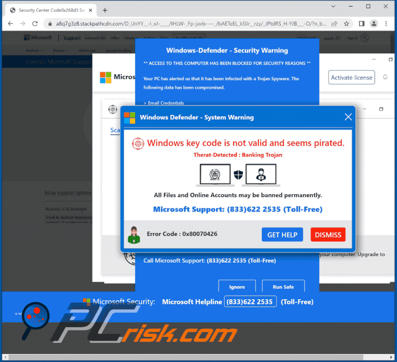 Wygląd oszustwa Windows Key Code Is Not Valid And Seems Pirated (GIF)