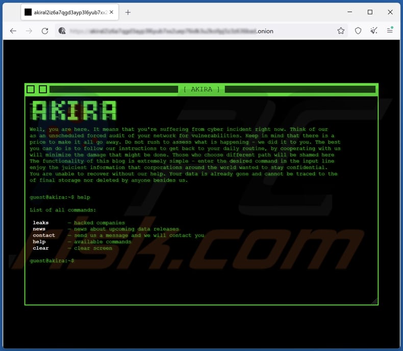 Strona z wyciekiem danych ransomware Akira