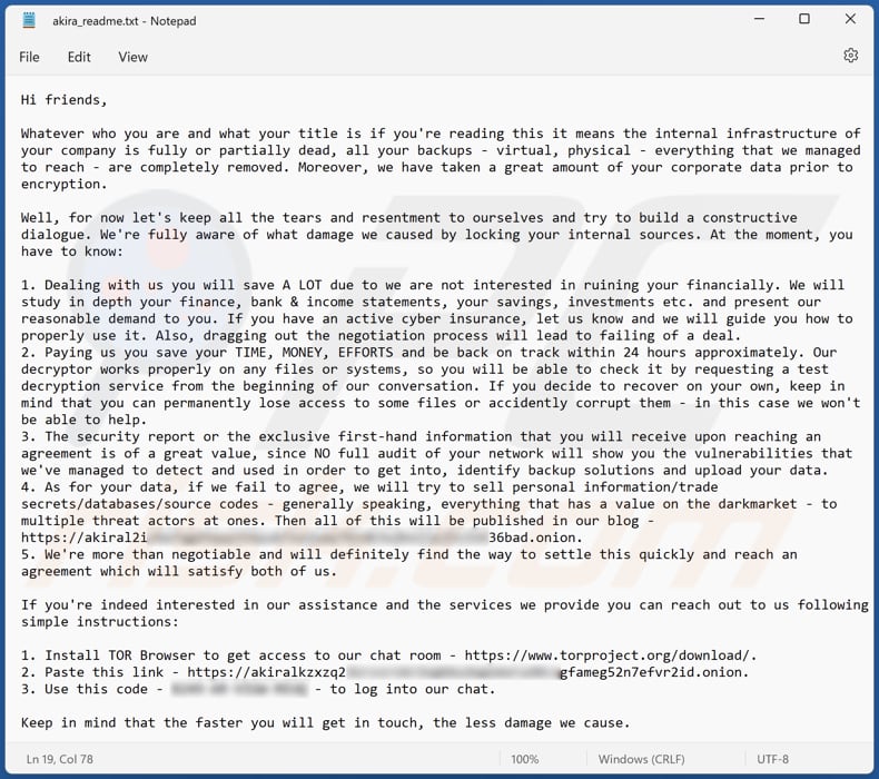 Plik tekstowy ransomware Akira (akira_readme.txt)