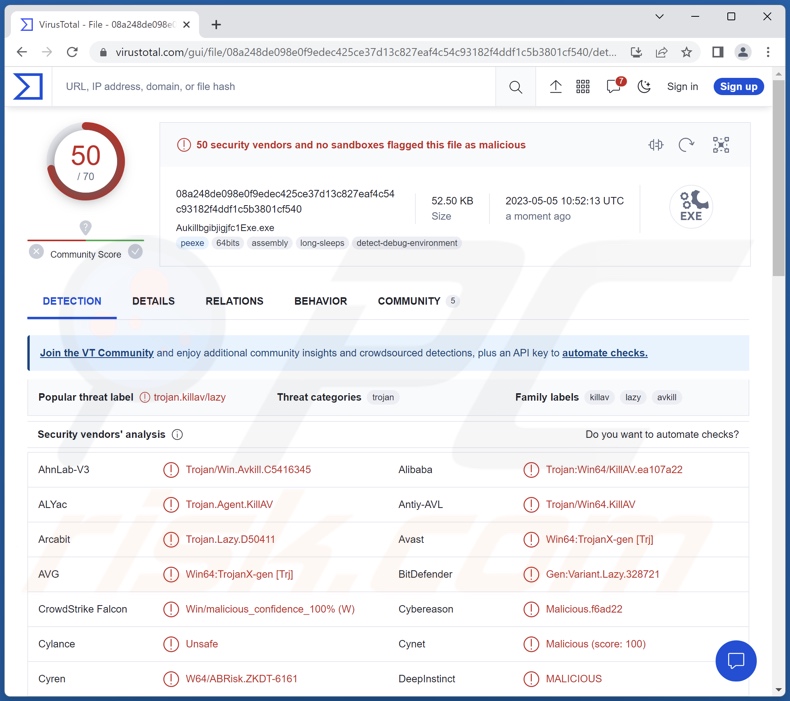 Wykrycia malware AuKill na VirusTotal