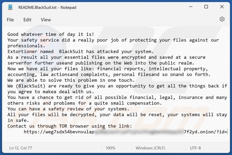 Plik tekstowy ransomware BlackSuit (README.BlackSuit.txt)