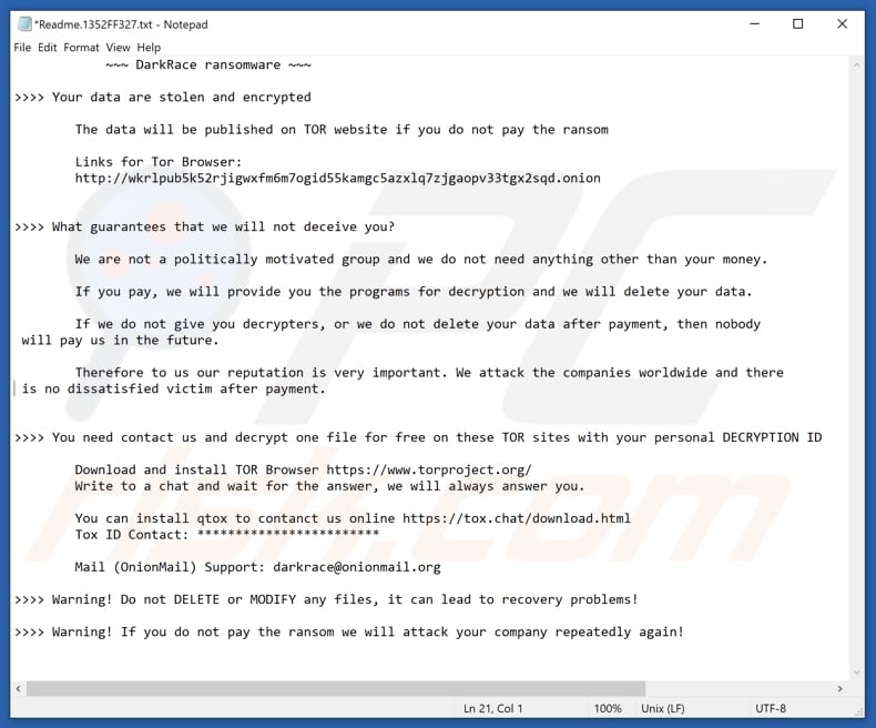 Plik tekstowy ransomware DarkRace (Readme.1352FF327.txt)