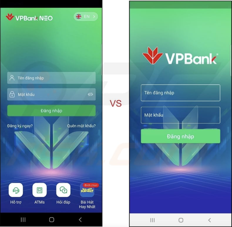 Legalna aplikacja VPBank ze złośliwym oprogramowaniem FluHorse po lewej stronie vs fałszywy VPBank po prawej stronie