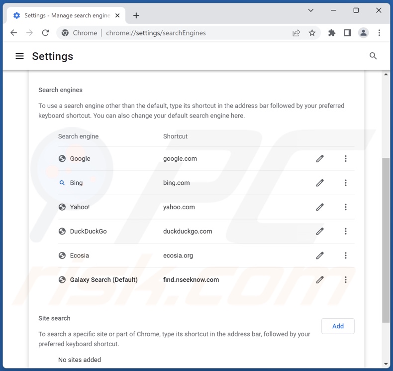Usuwanie find.nseeknow.com z domyślnej wyszukiwarki Google Chrome