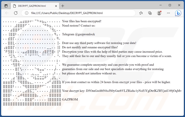 Notatka z żądaniem okupu ransomware GAZPROM (GAZPROM_DECRYPT.hta)