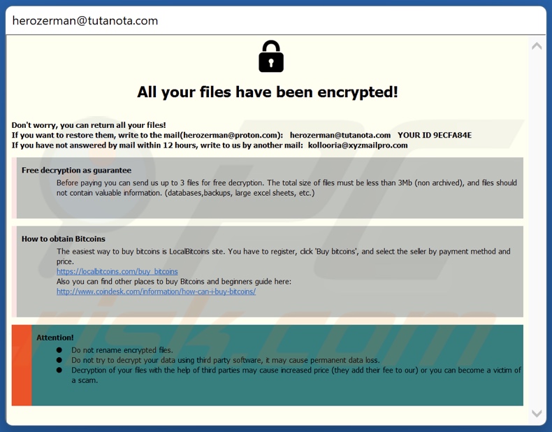 Notatka z żądaniem okupu ransomware H3r (okno pop-up)