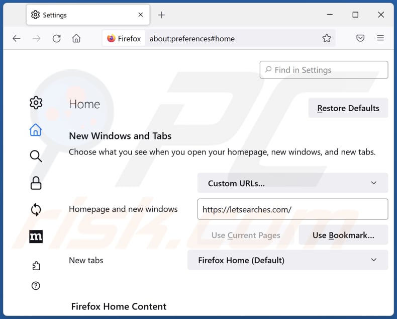 Usuwanie letsearches.com ze strony domowej Mozilla Firefox