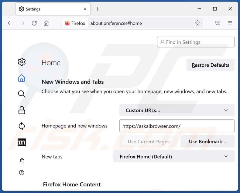 Usuwanie askaibrowser.com ze strony domowej Mozilla Firefox