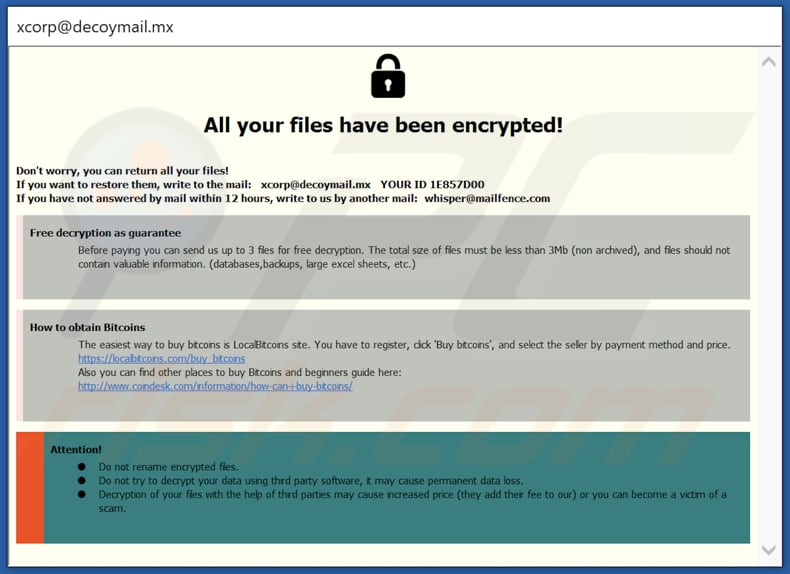 Notatka z żądaniem okupu ransomware xCor w oknie pop-up