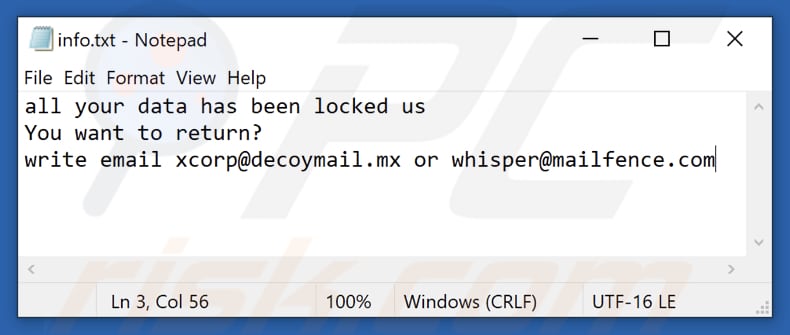 Plik tekstowy ransomware xCor (info.txt)