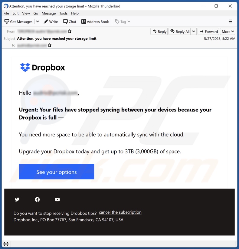 E-mailowa kampania spamowa Dropbox Is Full