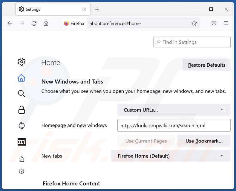 Usuwanie lookcompwiki.com ze strony domowej Mozilla Firefox