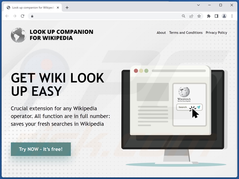 Witryna używana do promowania porywacza przeglądarki Lookup for Wikipedia