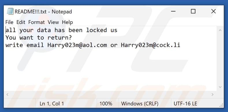 Plik tekstowy ransomware NBR (README!!!.txt)