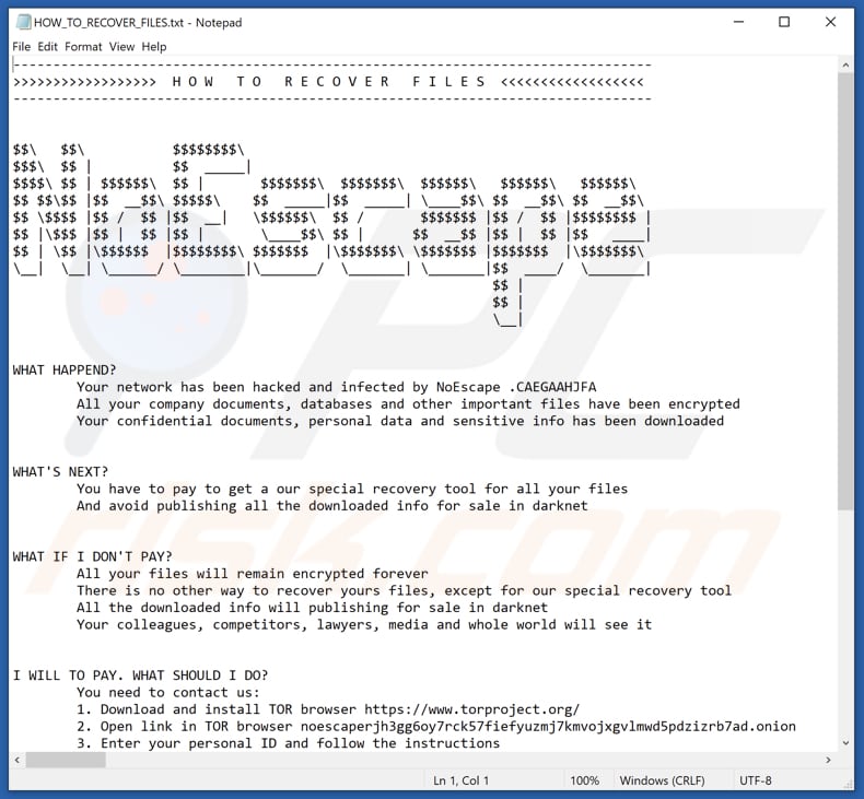 Plik tekstowy ransomware NoEscape (HOW_TO_RECOVER_FILES.txt)